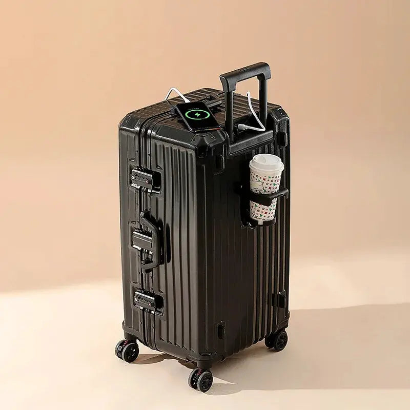 Simples Market black hard-shell suitcase with USB charging pad, extendable handle, spinner wheels, and side cup holder.