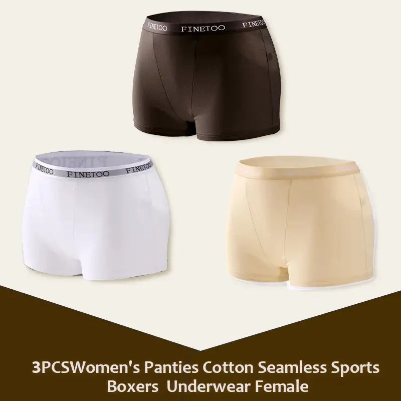 3-pack women's cotton seamless boxer briefs by Finetoo; colors brown, white, and beige