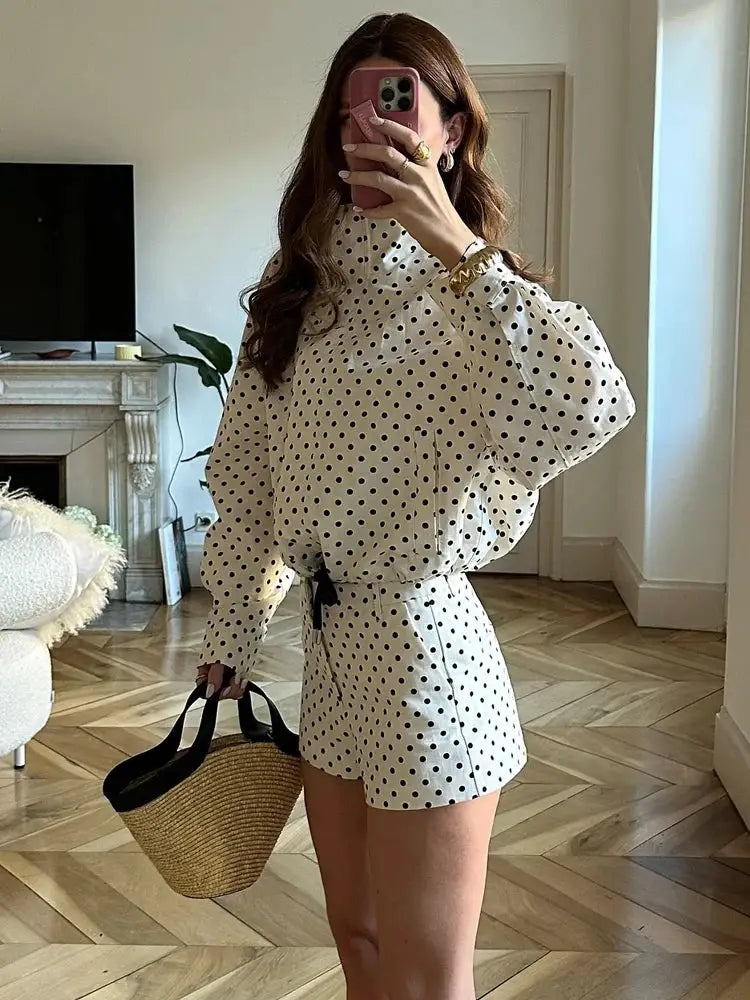 Women's Polka Dot Print Short Coat With Zipper Front Turtleneck Pockets And Drawstring Waist