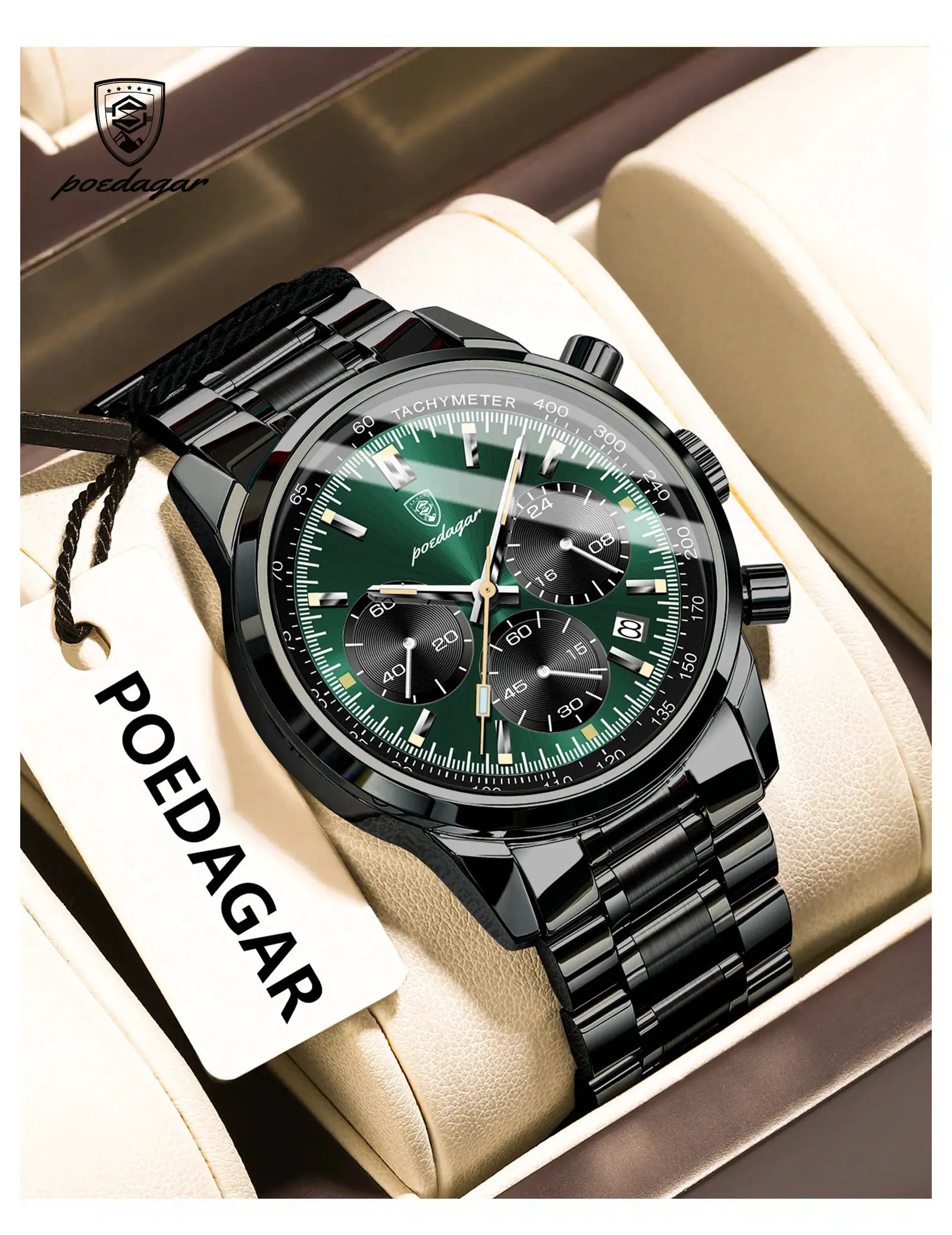 POEDAGAR men's luxury chronograph watch with green dial, date, tachymeter bezel, and black stainless-steel bracelet