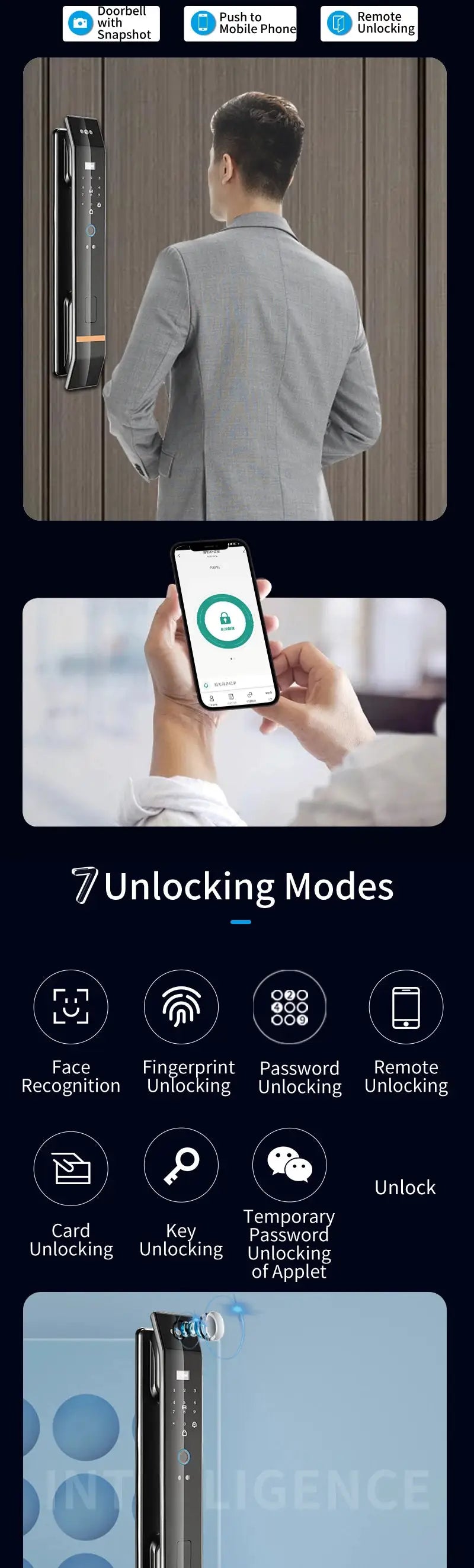 Simples Market 3D Face Smart Door Lock with biometric recognition, fingerprint, password, IC card, and app WiFi