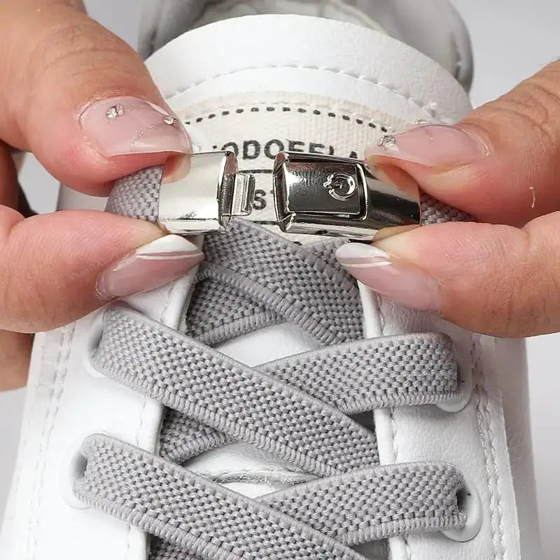 Press-lock elastic no-tie shoelaces for sneakers, 8mm widened flat, gray