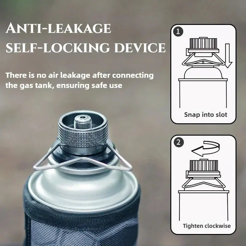 Butane adapter with bracket for camping stoves, metal silver finish with screw valve and nozzle