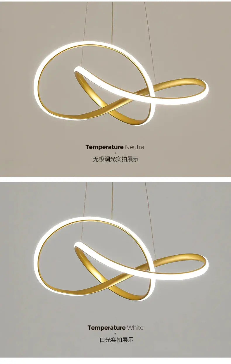Pendant dining room lamp with intertwined gold and white LED rings forming an infinity knot; two color variants shown