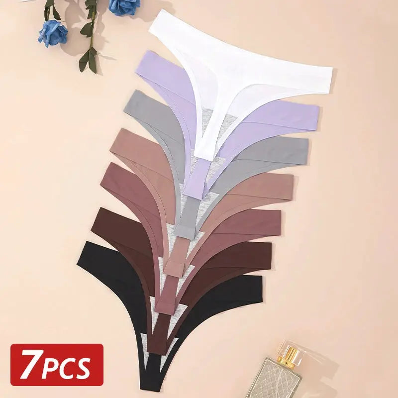 7-piece ice-silk seamless G-string panties set in assorted colors; low-rise, ultra-thin thongs