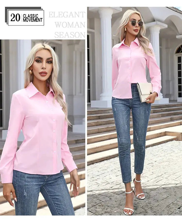 Women pink chiffon button-down blouse with long sleeves and turn-down collar, shown with jeans