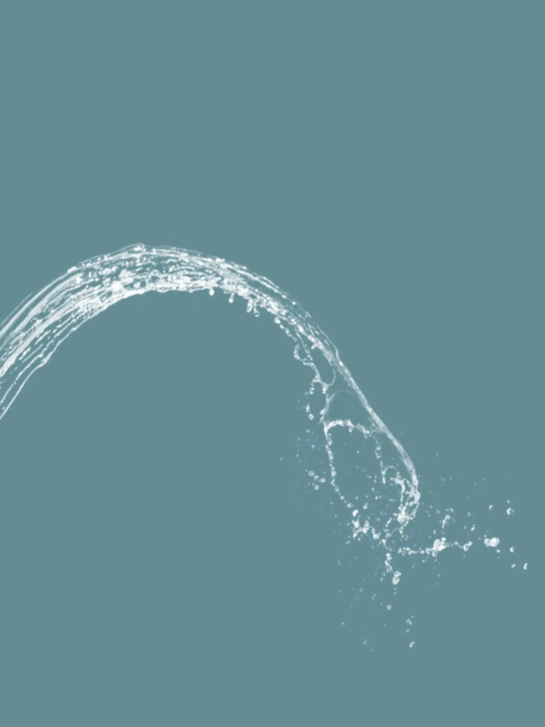Abstract teal background with a white water splash arc along the bottom-left; no product visible.