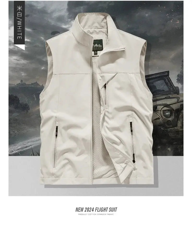 White windproof men's sleeveless vest with front zipper and side zip pockets by Simples Market