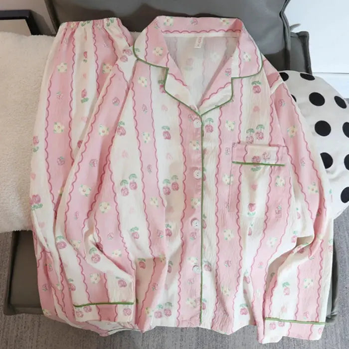 Autumn Cherry Pajama Set for Women Soft Polyester Knit Two Piece with Lapel Cardigan and Ankle Pants