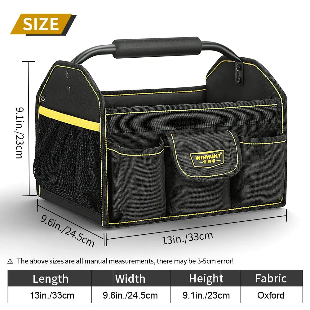 WINHUNT tote bag tool organizer, black Oxford fabric with yellow trim, wide-mouth 10-pocket