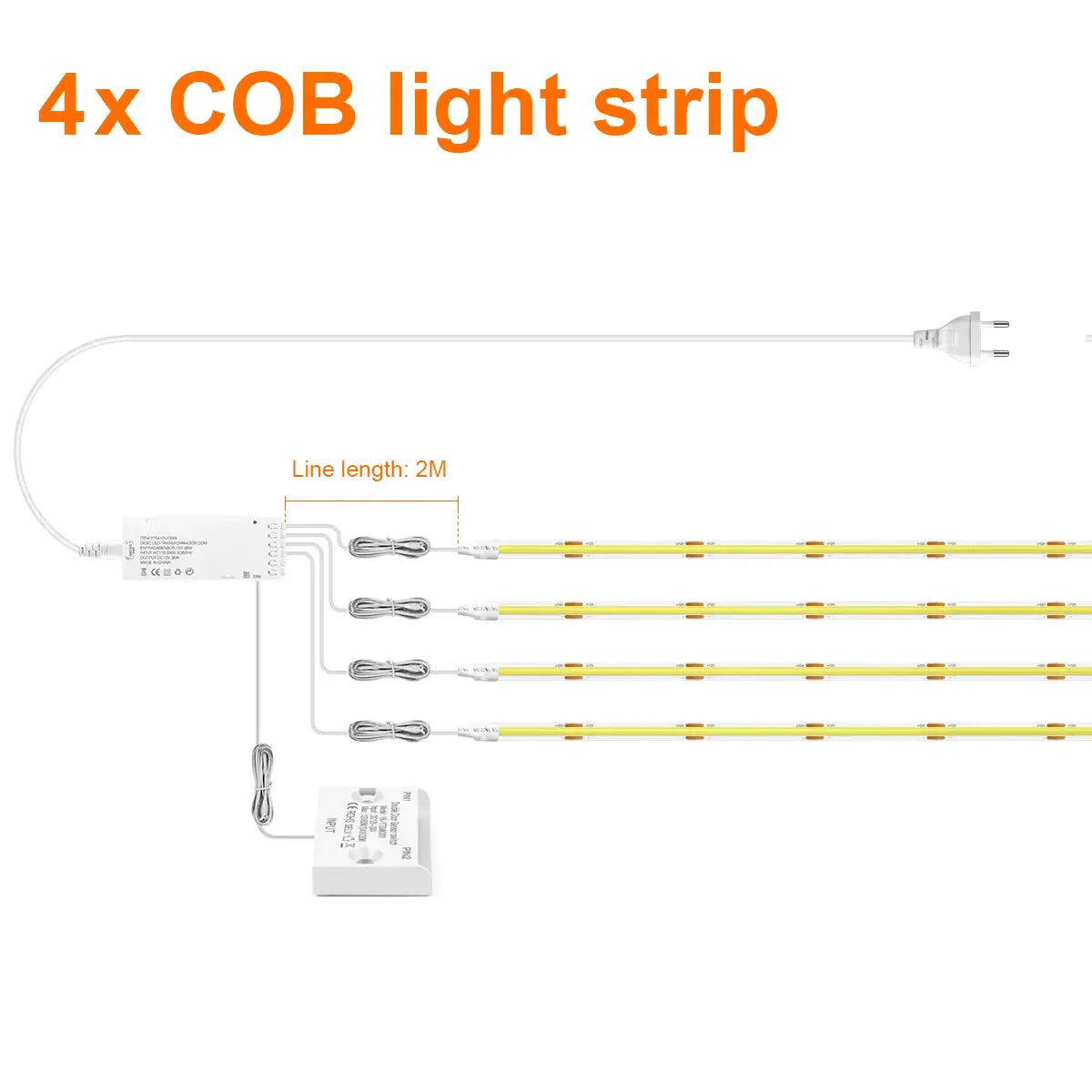 LED strip light kit with four COB light strips and 2m line length; includes power adapter and controller module.
