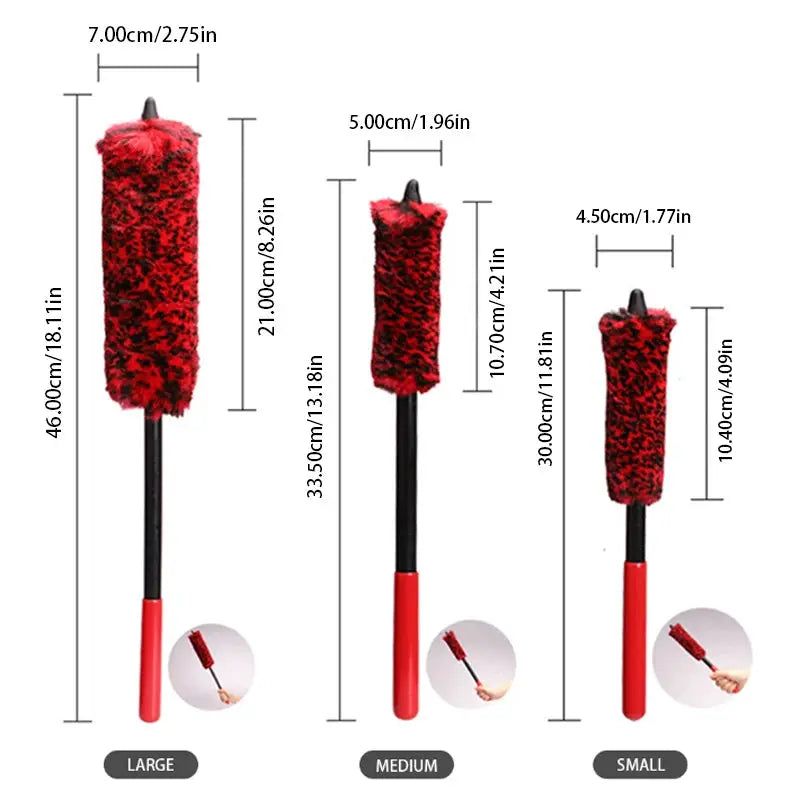 SEAMETAL car wheel detailing brush set with bendable red-wool heads in three sizes: large, medium, and small