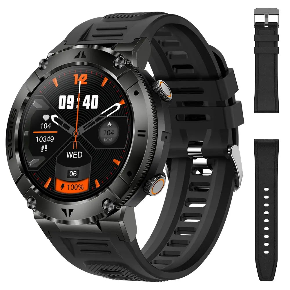 LaNikar Smart Watch for Men with black round TFT display and silicone strap, plus extra band