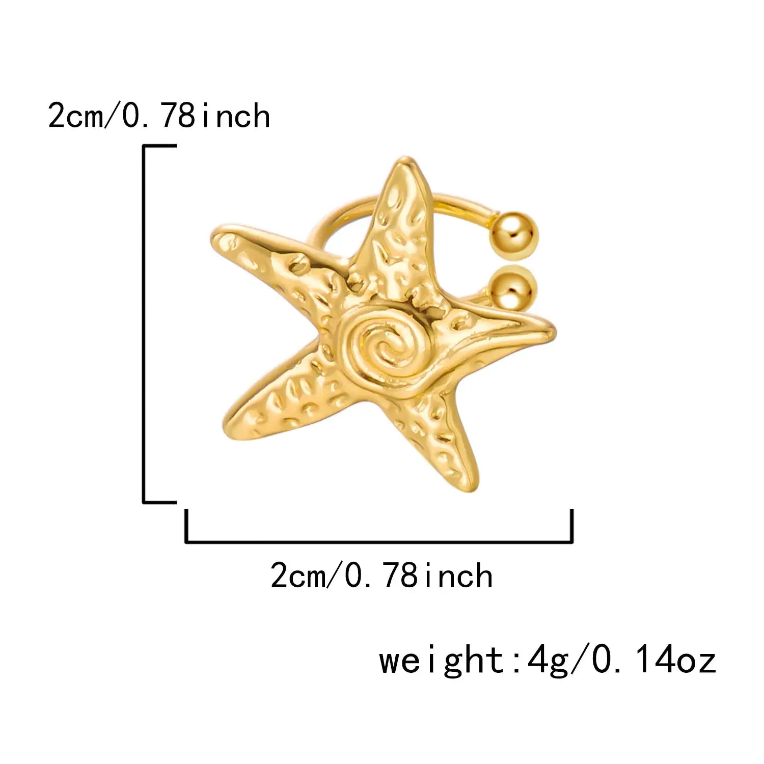 Gold-tone starfish ear clip fake piercing for women; boho beach jewelry, 2 cm