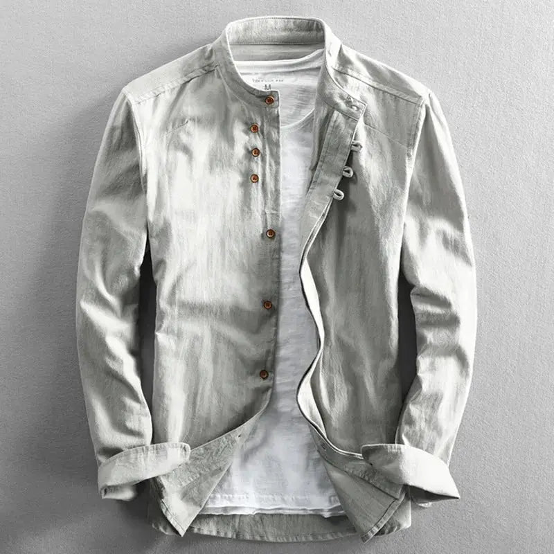 Men's linen-cotton shirt with stand collar, long sleeves, light gray by Simples Market, casual top