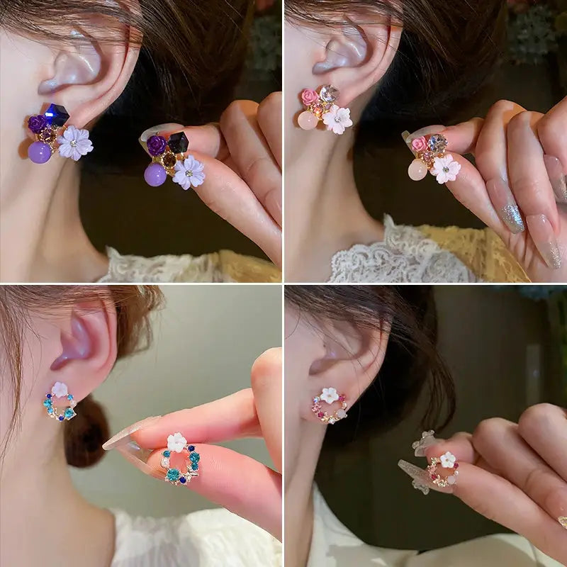 Colorful flower earrings with imitation pearl geometric studs in assorted colors by Simples Market