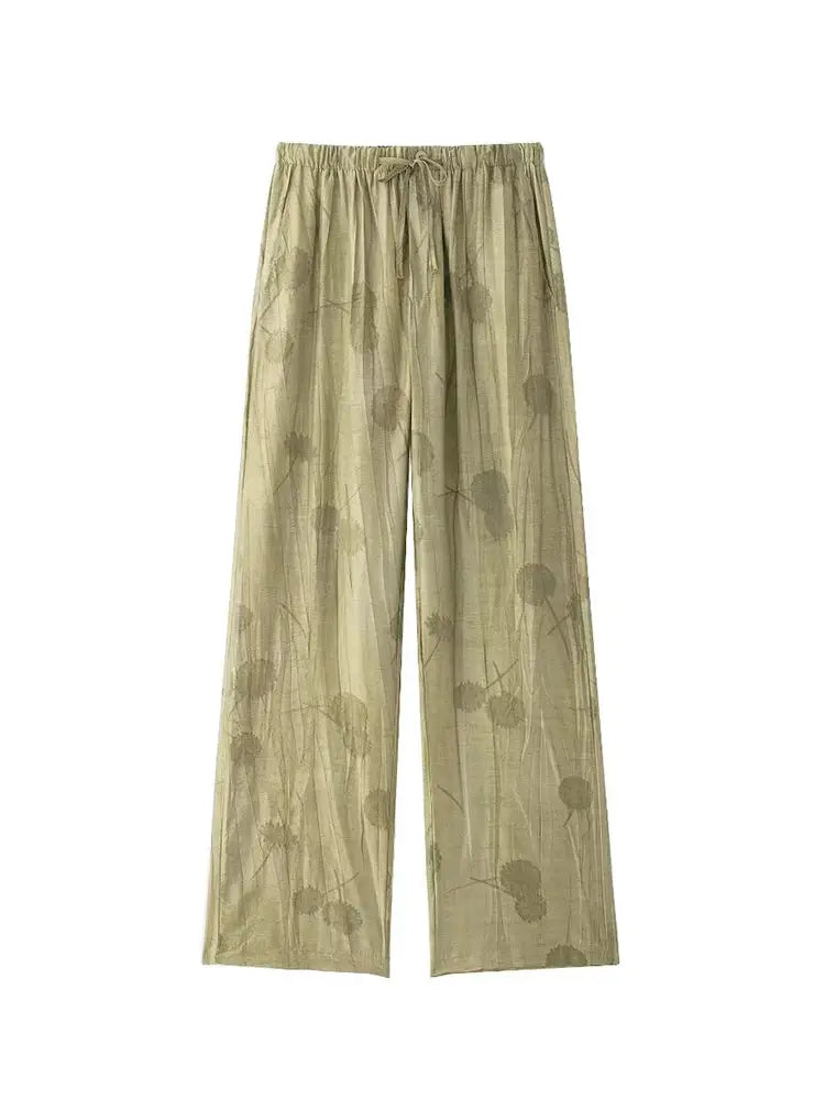 TFMLN Womens Two Piece Jacquard Shirt High Waist Trousers Wide Leg Set
