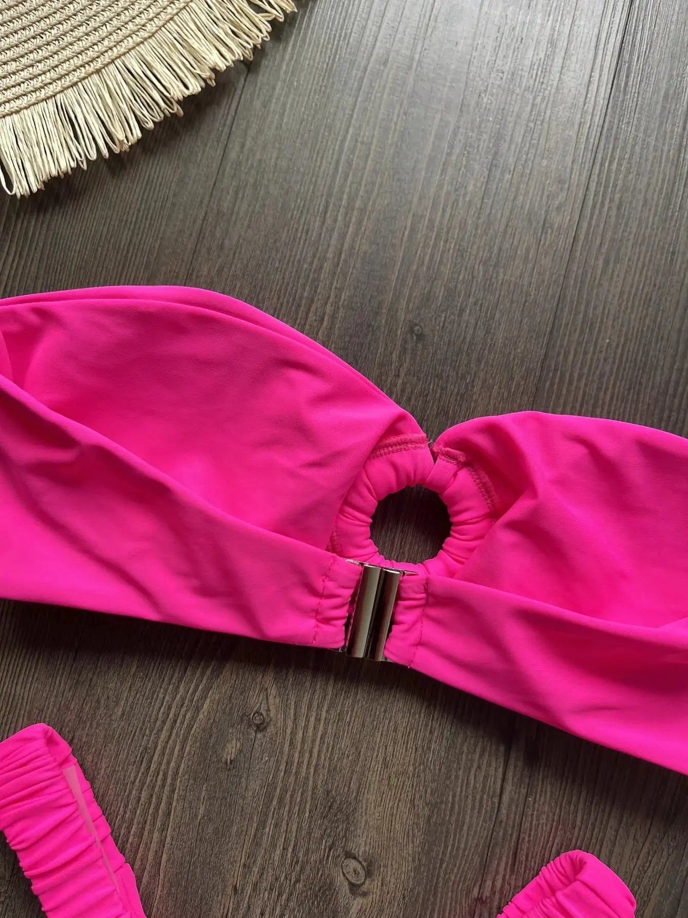 Simples Market pink micro bikini top with ruched sides and metal clasp