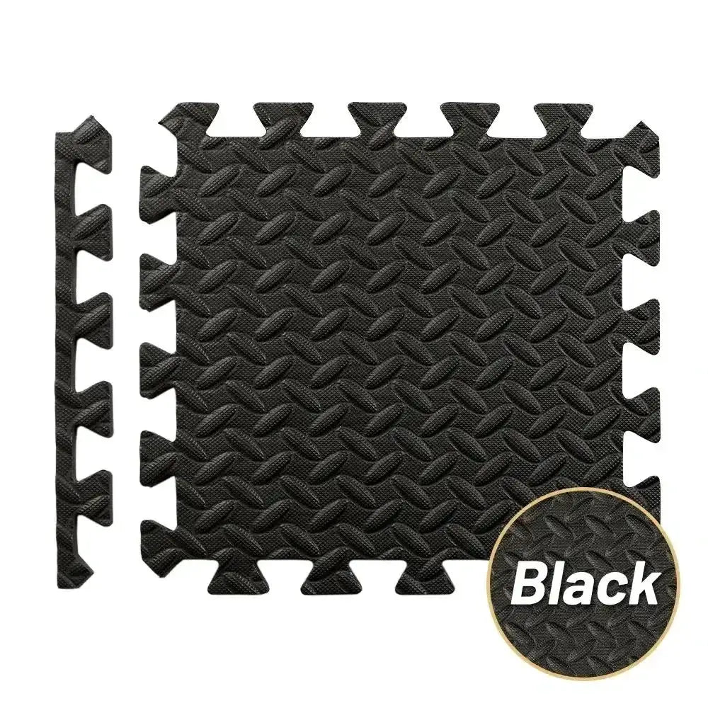 Black EVA foam interlocking puzzle mat tile with non-slip textured diamond surface