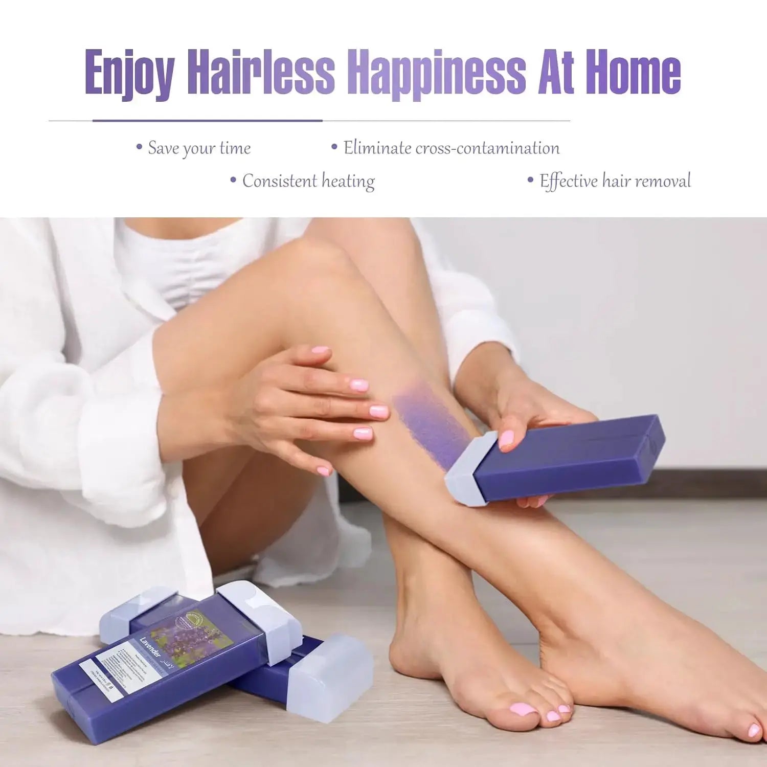 Roll-on lavender wax refill by Simples Market for painless hair removal, shown with purple packaging