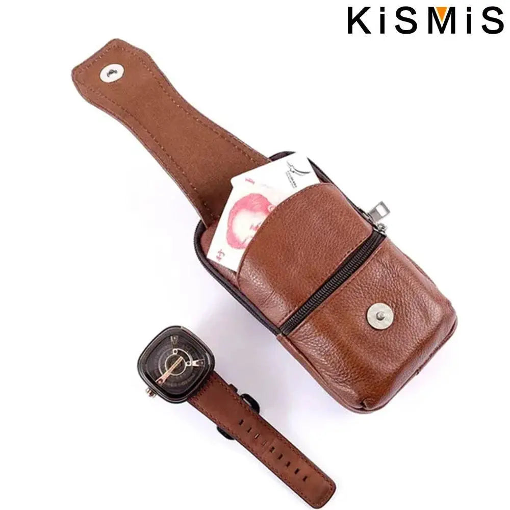KISMIS brown leather waist bag with strap; front zipper pocket and cash visible, plus brown wristwatch (2 items).