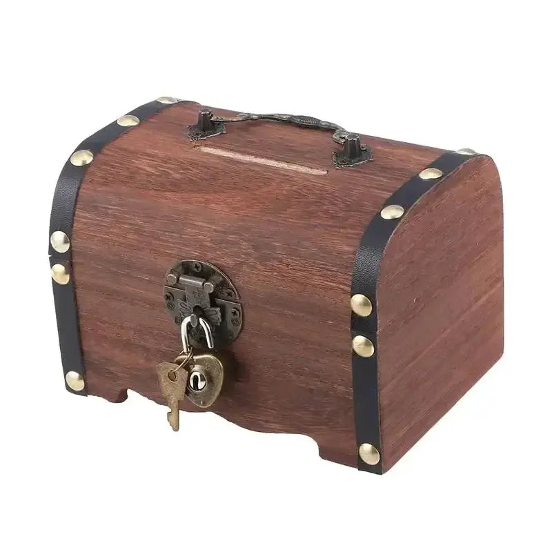 Vintage Treasure Chest With Lock Wooden Piggy Bank And Storage Box Retro Home Decor Organizer