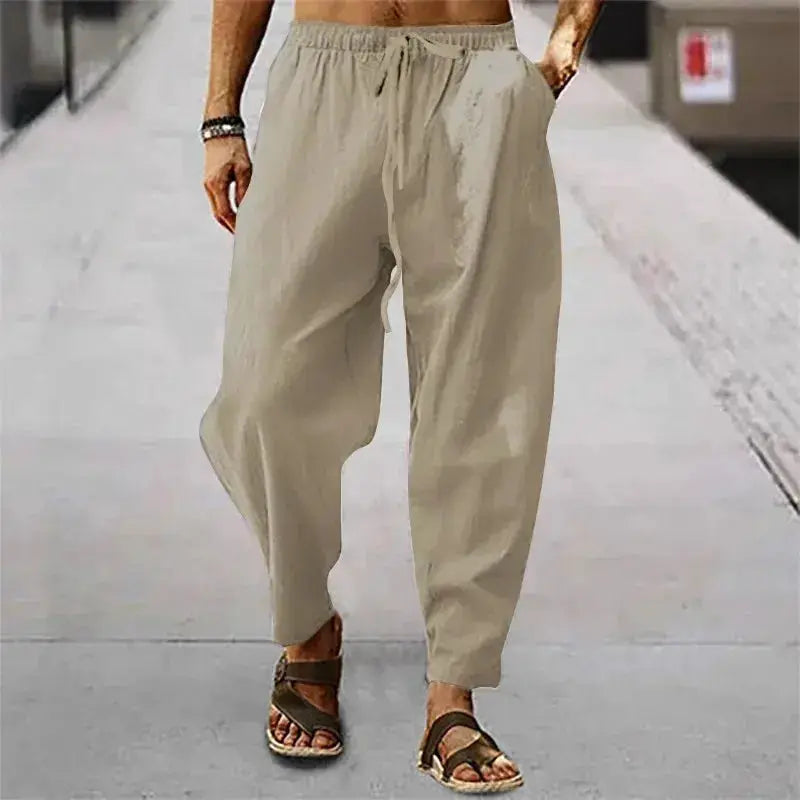 New Men's Cotton Linen Pants Summer and Autumn High Waist Wide Leg Trousers Breathable Casual Loose Fit