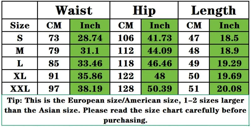 Men's sport shorts size chart by Simples Market; waist/hip/length in cm/in for S-XXL; European vs American sizing.
