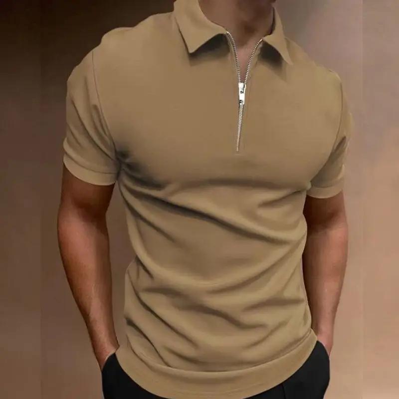 Men's tan polo shirt with zippered front placket, short sleeves and turn-down collar