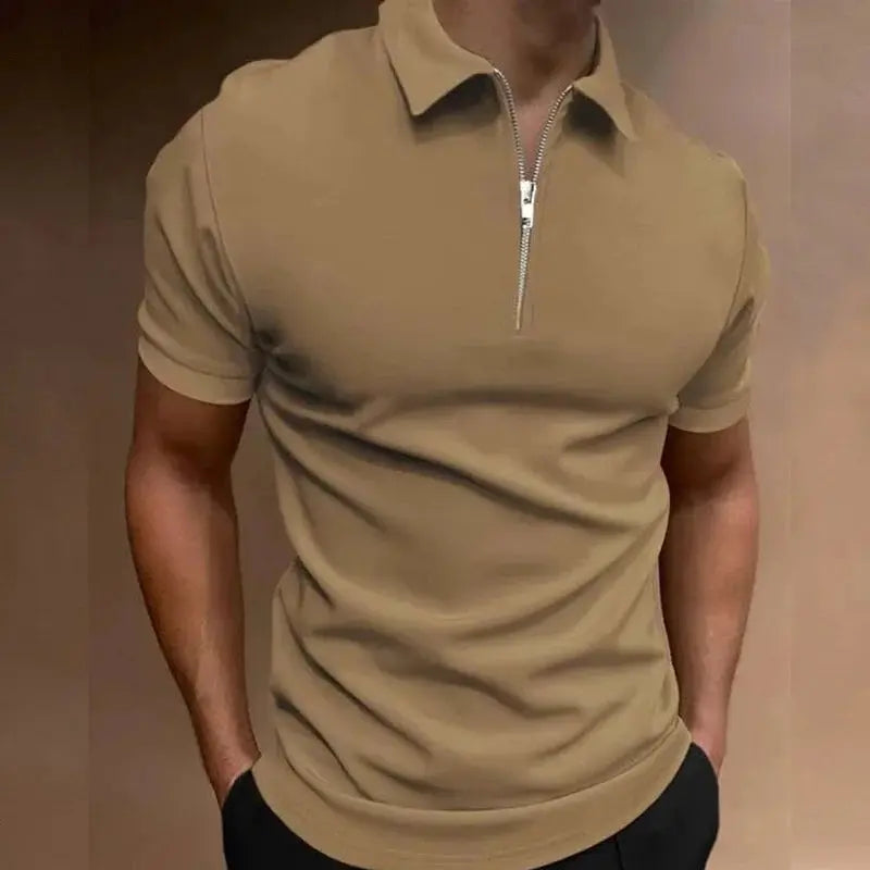 Men's tan polo shirt with short sleeves and zip-front collar, casual streetwear