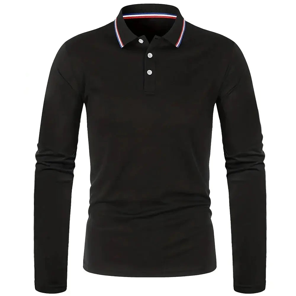 Men's black long-sleeve polo shirt with striped red-white-blue collar and button placket