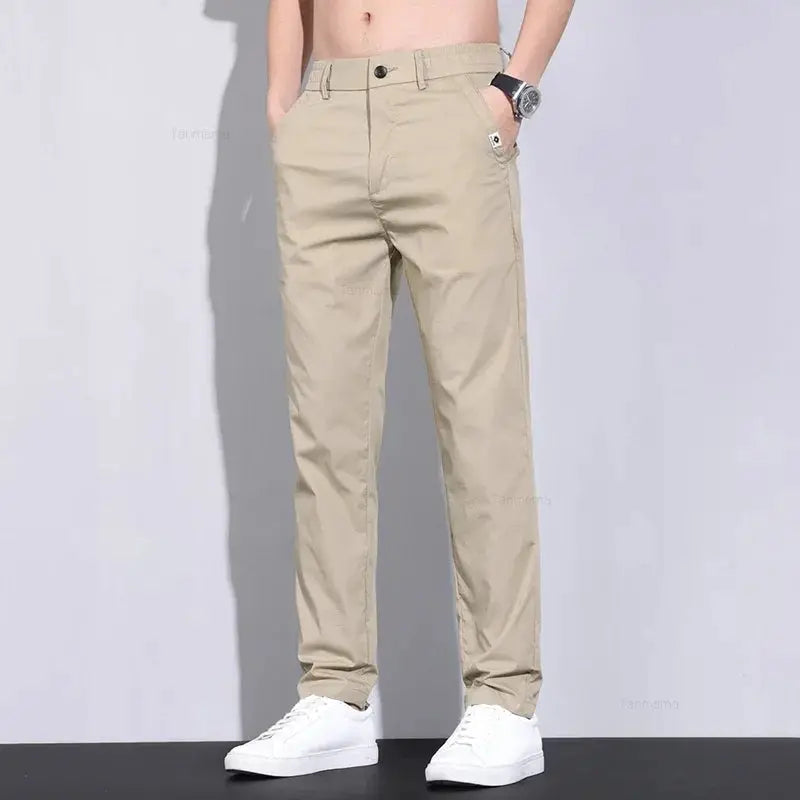 Ultra-thin elastic men's casual pants in khaki, slim straight fit