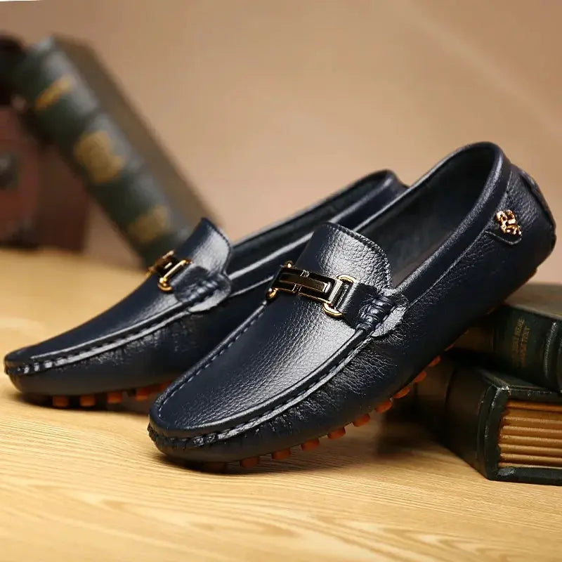 YRZL men's PU leather loafers with gold-tone horsebit detail; dark navy slip-on driving moccasins