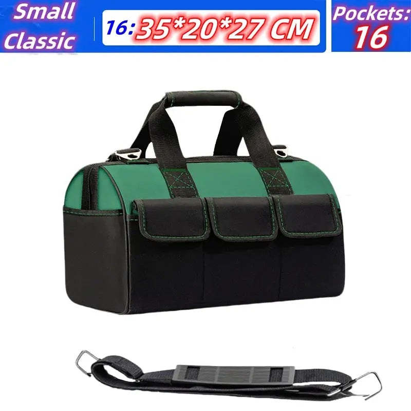 Tool bag, 23-inch green and black, durable 1680D Oxford with 3 front pockets and adjustable strap