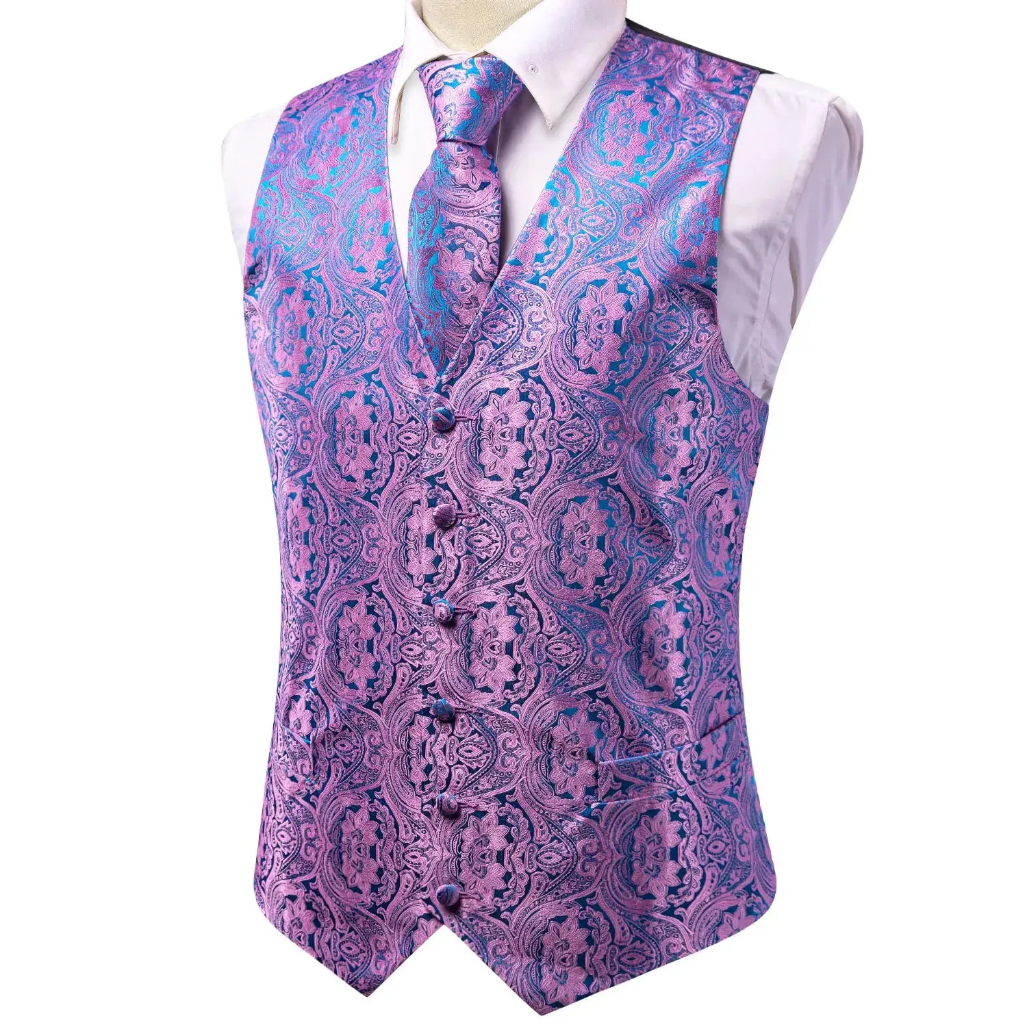 Simples Market men's purple paisley floral waistcoat set with matching necktie