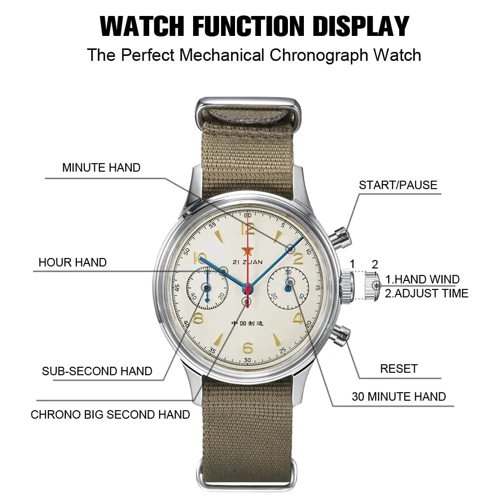 Red Star 38mm chronograph watch by Simples Market with cream dial, stainless steel case, and khaki nylon strap
