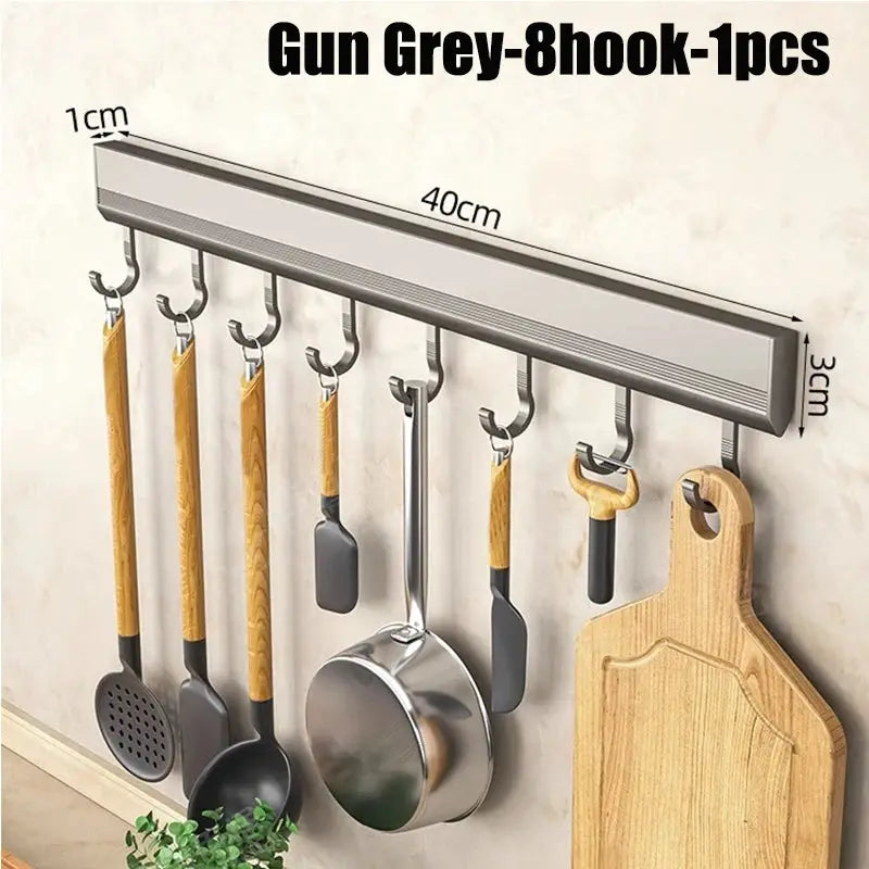 Kitchen utensil wall rack in aluminum alloy with 10 hooks for pots, pans and cutting board