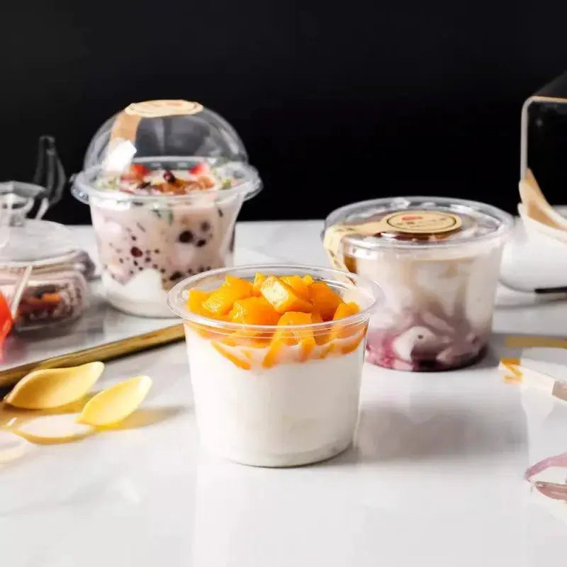 50Pcs Disposable Transparent Cups With Dome And Flat Lids For Milk Tea Coffee Juice Desserts