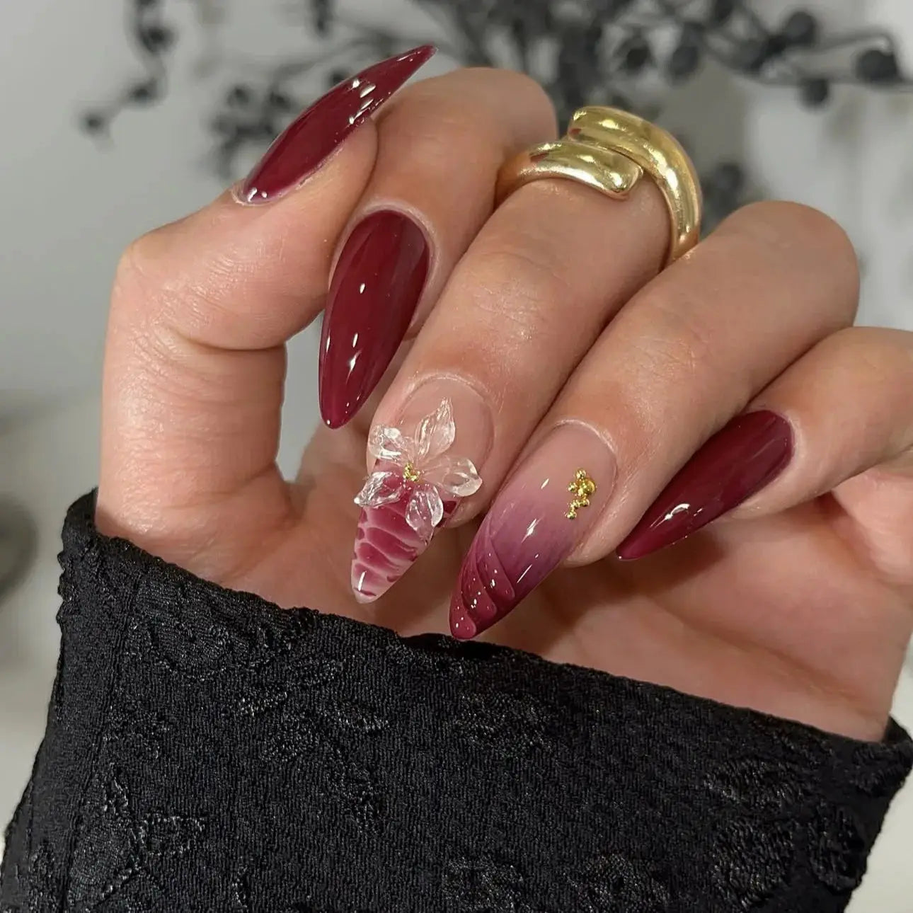GlamNail Pink Almond Press On Nails Full Coverage Carved Flower 3D Ripple French Tips Golden Pearl Finish