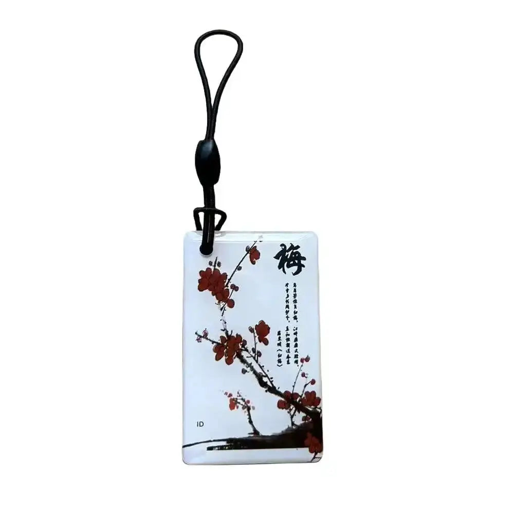 RFID key tag EM4305 T5577 125KHz blank chip card; white card with red floral artwork and black strap