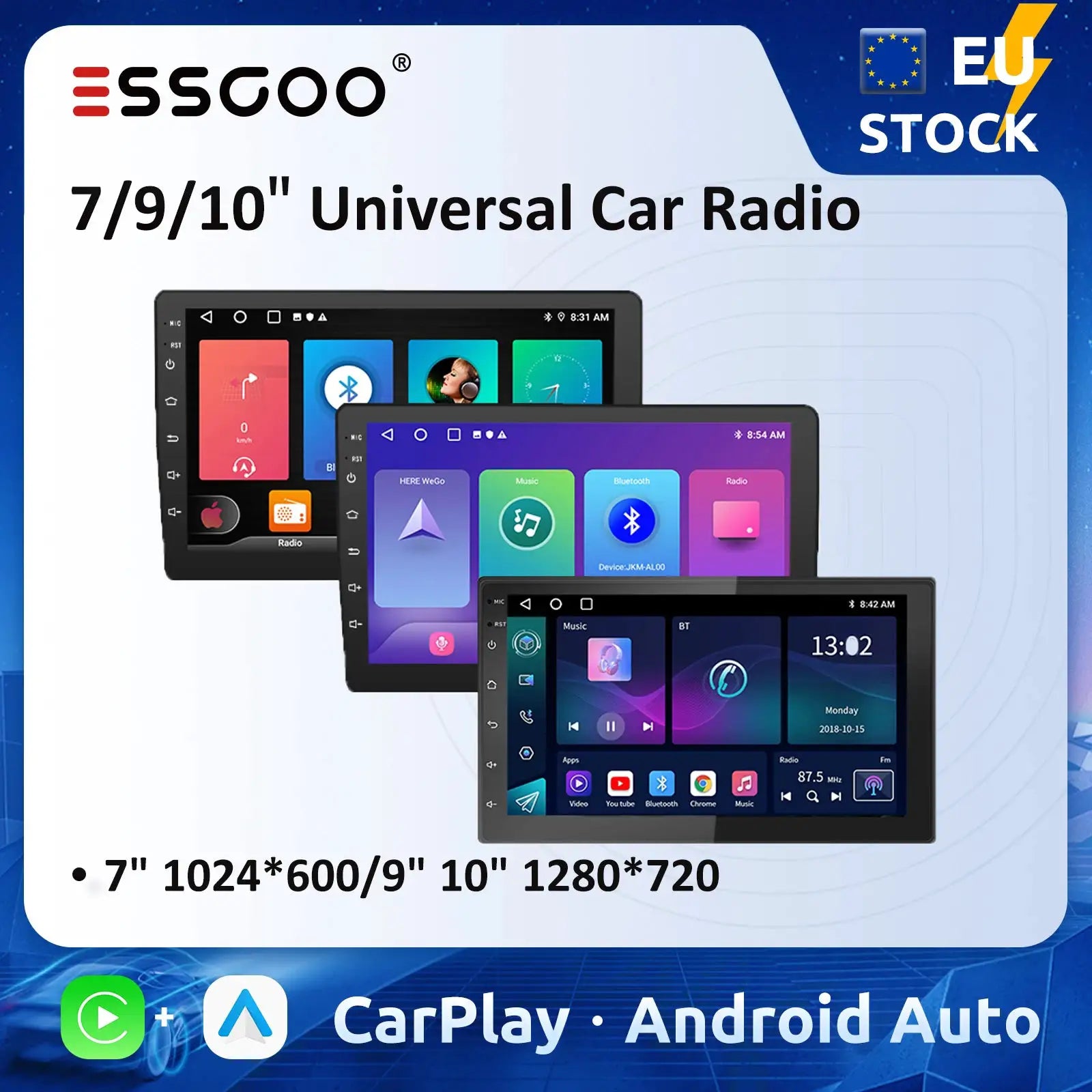 ESSGOO three universal car radios (7/9/10-inch) with Android Auto, CarPlay, GPS and WiFi