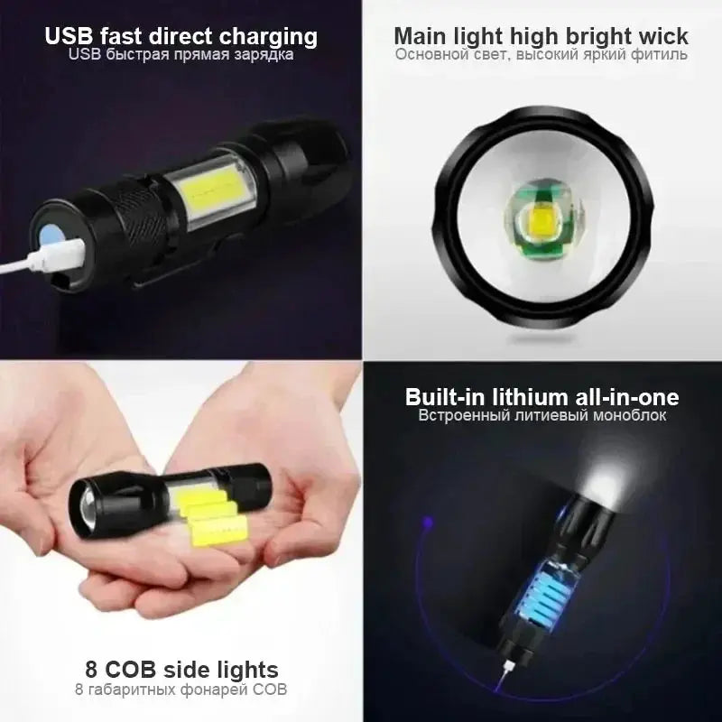SummitBeam Portable Rechargeable LED Flashlight With Pen Clip Zoomable Waterproof Torch Side Light For Outdoors