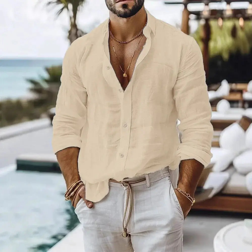 Cotton Linen Shirt for Men Breathable Summer Beach Style Solid Color Single Breasted Lightweight Button Front
