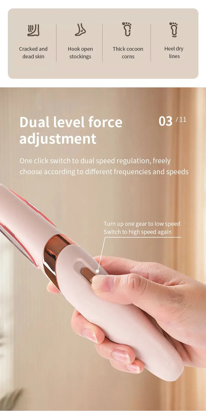 HOMEFISH electric foot grinder by Simples Market; pink handheld pedicure callus remover with dual-speed control.