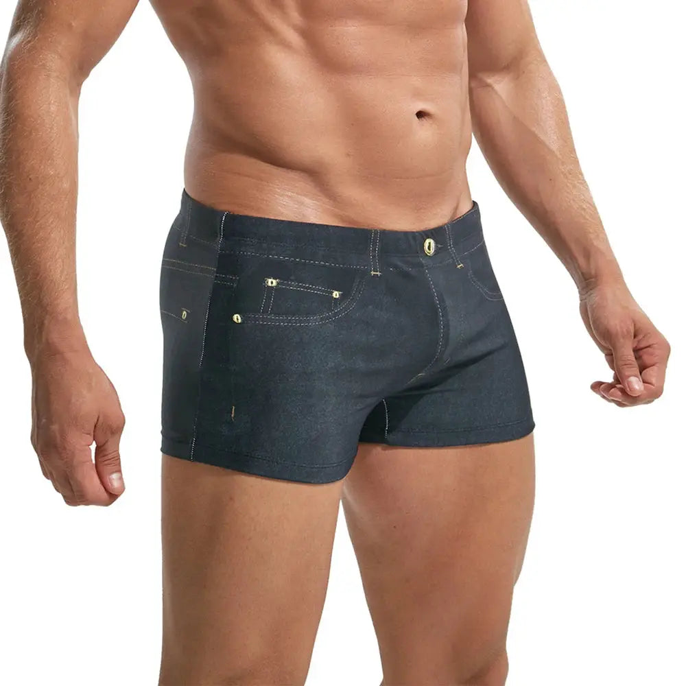 Men's denim-look board shorts, 2XL, breathable swim trunks with gold rivet accents