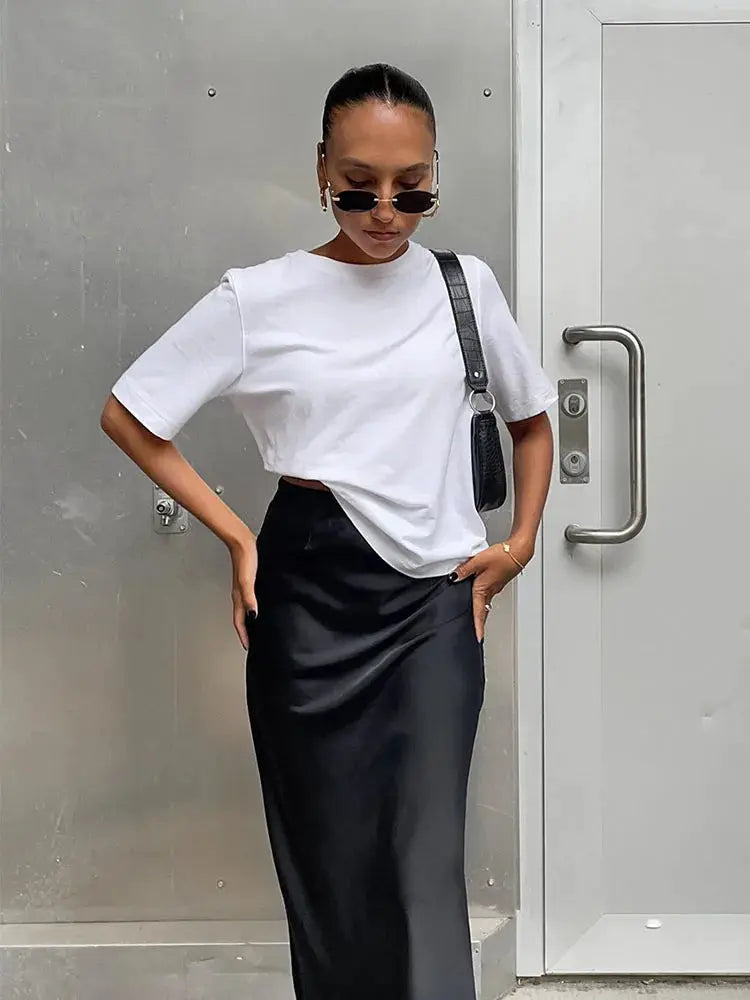 Satin black trumpet skirt, long, high-waist, Simples Market