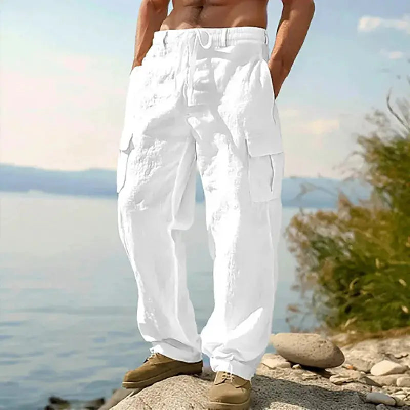 Summer men's cotton-linen cargo pants with multiple pockets, white, breathable, drawstring, loose straight leg