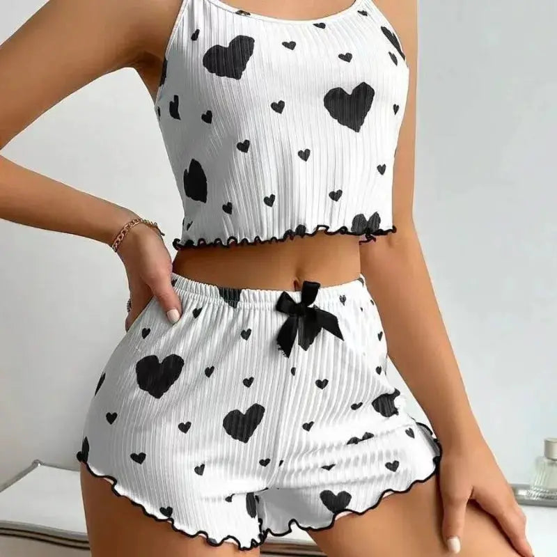 DreamNest Womens Knitted Pajama Set With Love Print And Delicate Strap Shorts Breathable White Homewear