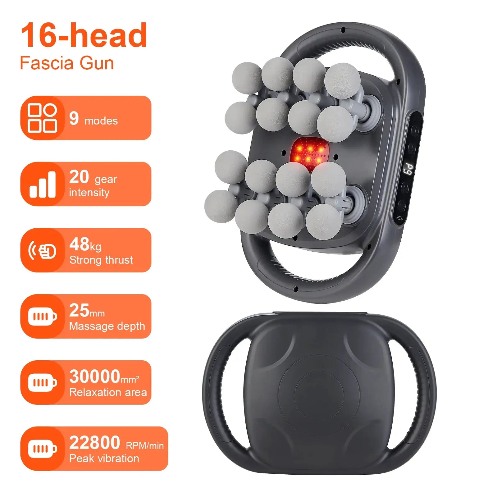 Simples Market 16-head fascia gun massager with gray body and 16 massage heads in a storage case.