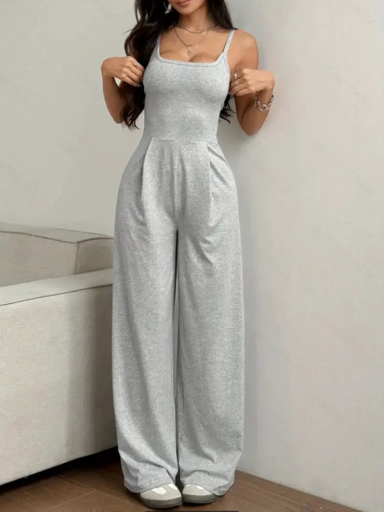 Simples Market women's halter backless jumpsuit, light gray, sleeveless, wide-leg, floor-length